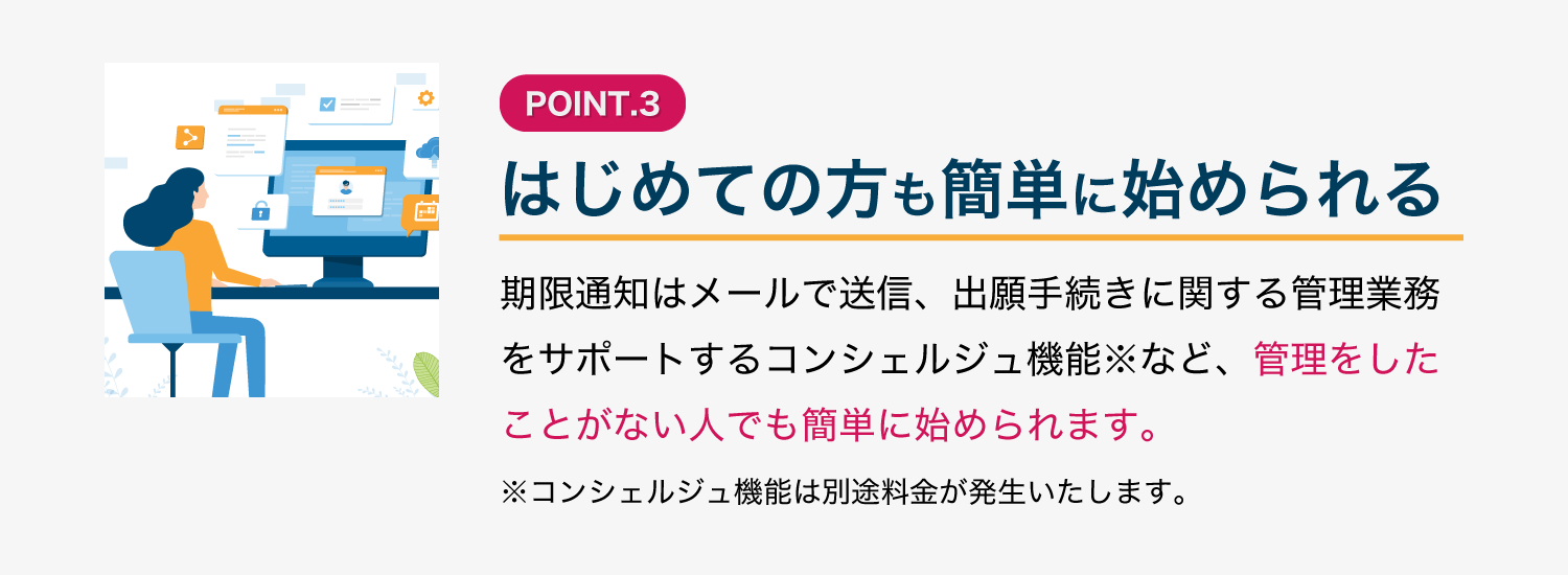 【はじめての方も簡単に始められる】期限通知はメールで送信、出願手続きに関する管理業務をサポートするコンシェルジュ機能※など、管理をしたことがない人でも簡単に始められます。※コンシェルジュ機能は別途料金が発生いたします。